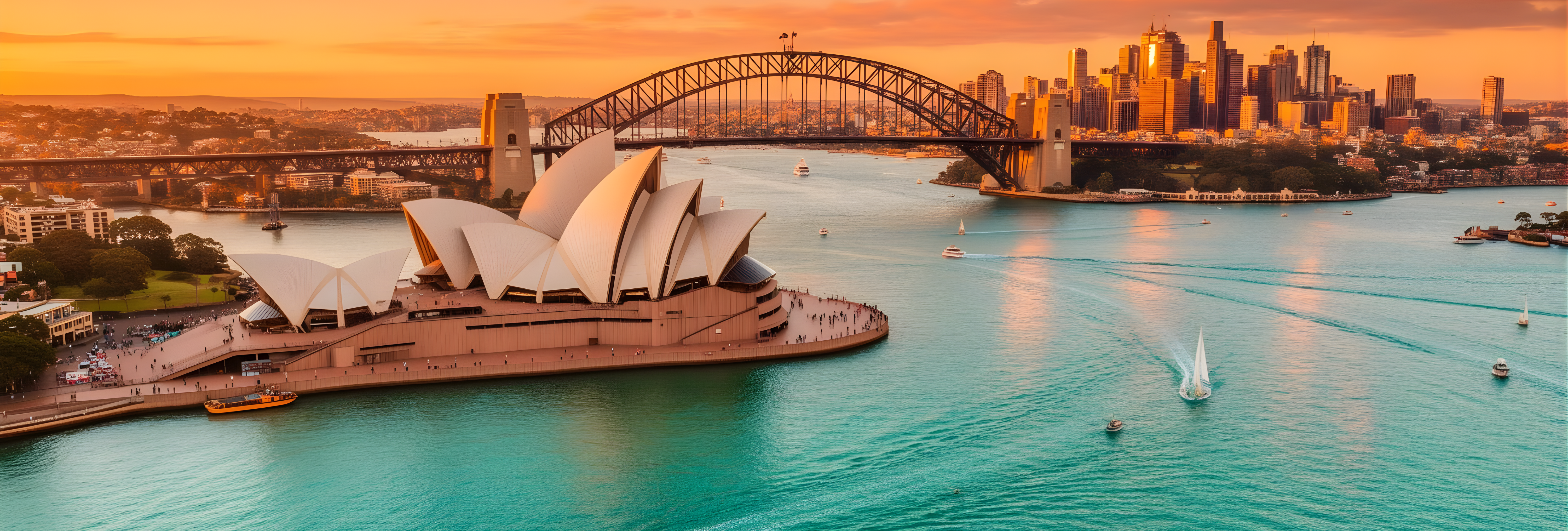 Sydney Harbour summer skyline with Opera House and Harbour Bridge