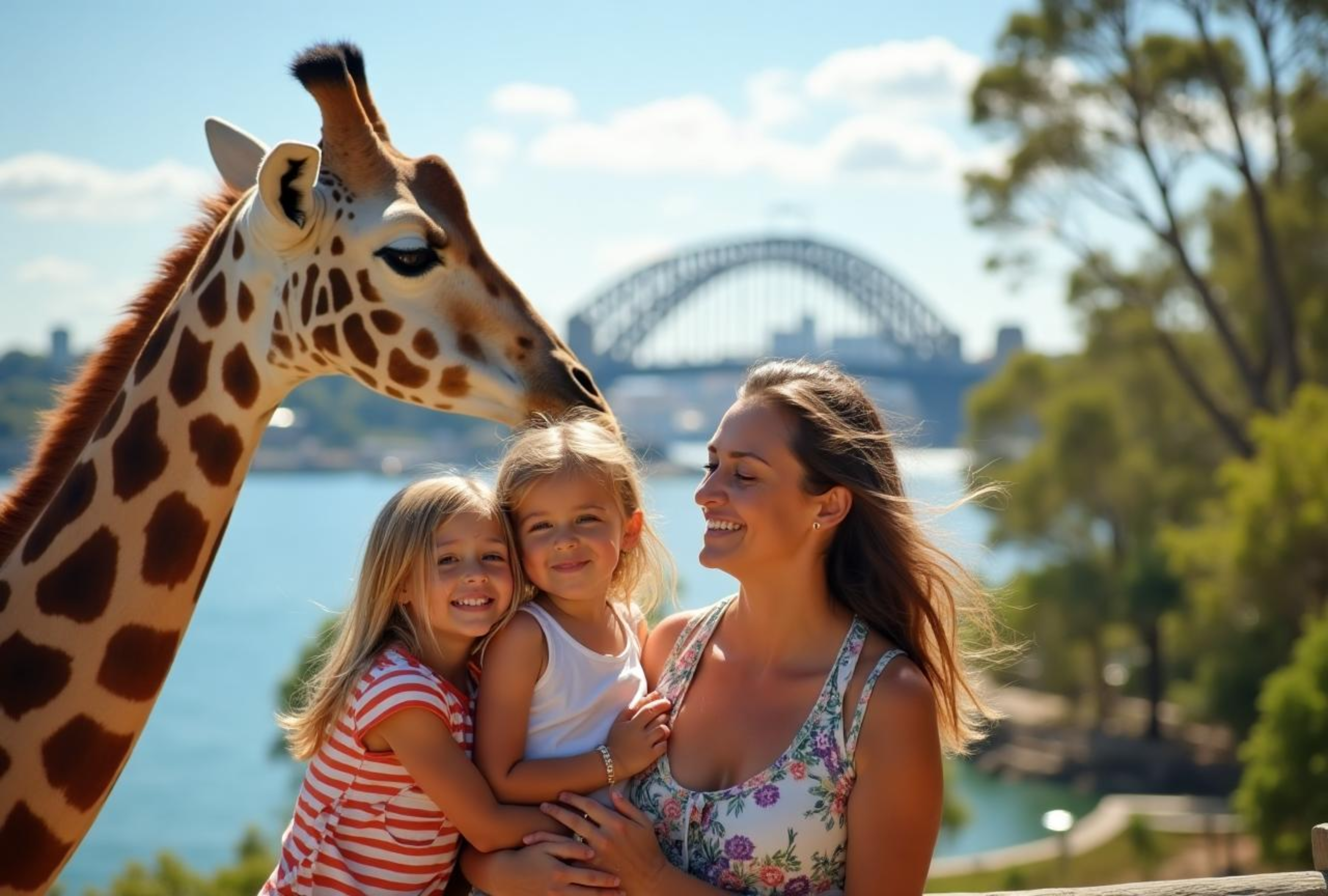 Family enjoying water activities with Sydney Harbour Bridge in the background