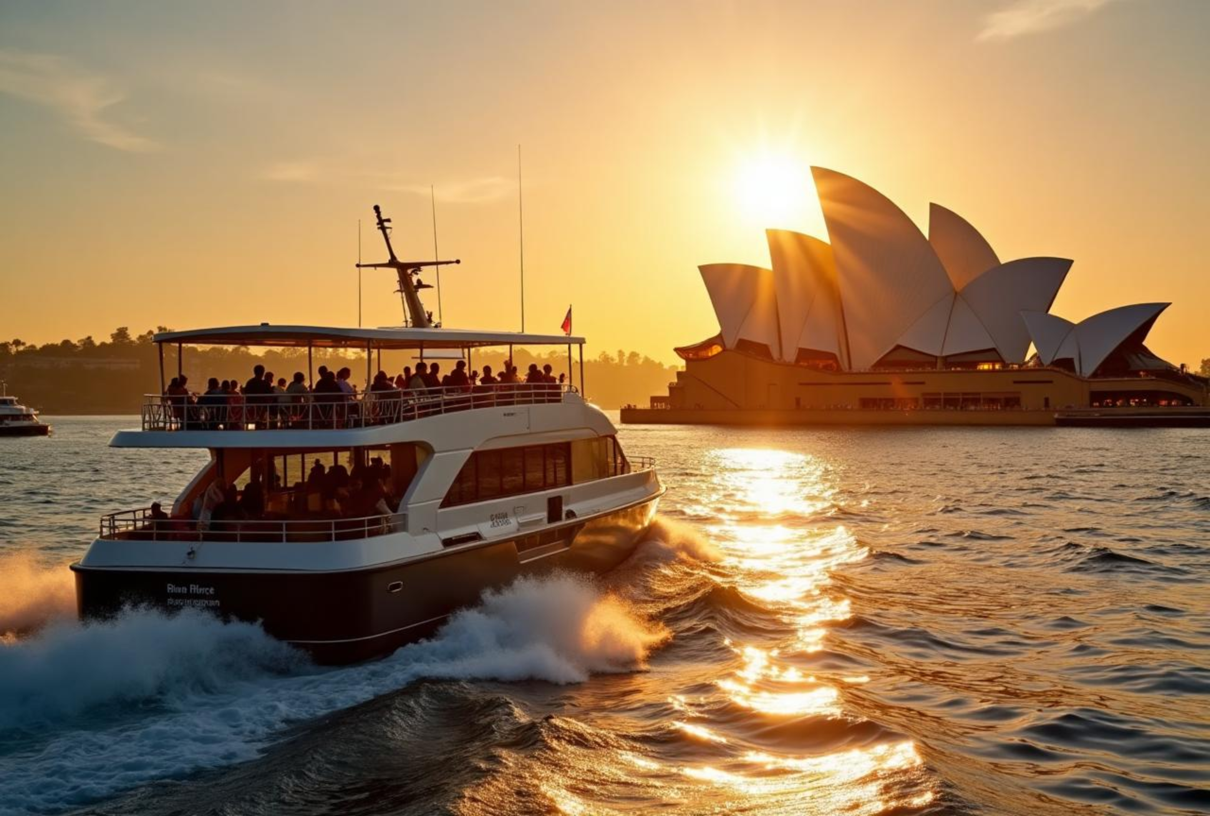 Boat cruising on Sydney Harbour at sunset